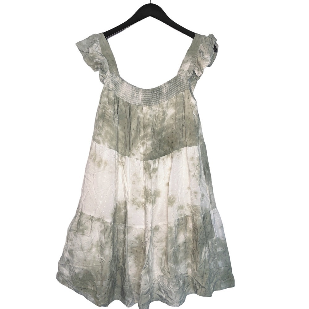 BY THE RIVER NEW Smocked Ruffle Tiered Mini Dress Size Medium in Sage Tie Dye
